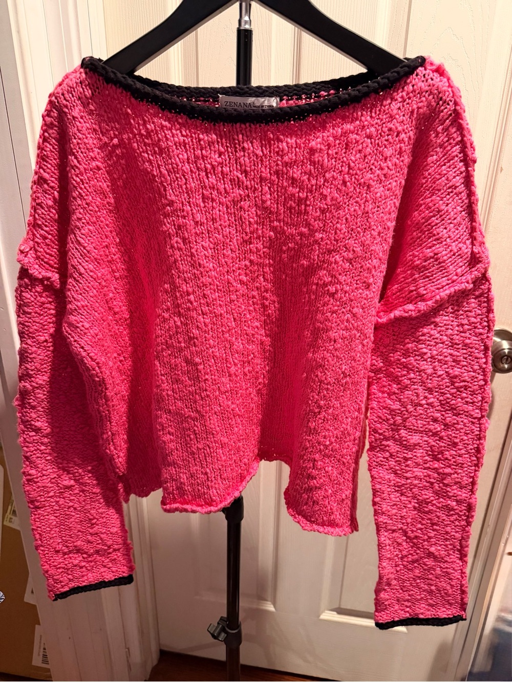 Zenana Outfitters Off-the-Shoulder Hot Pink Sweater with Black Trim